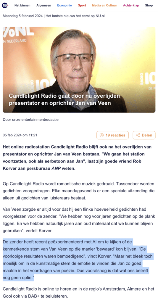 Candlelight menselijke stem niet te vervangen door AI-stem